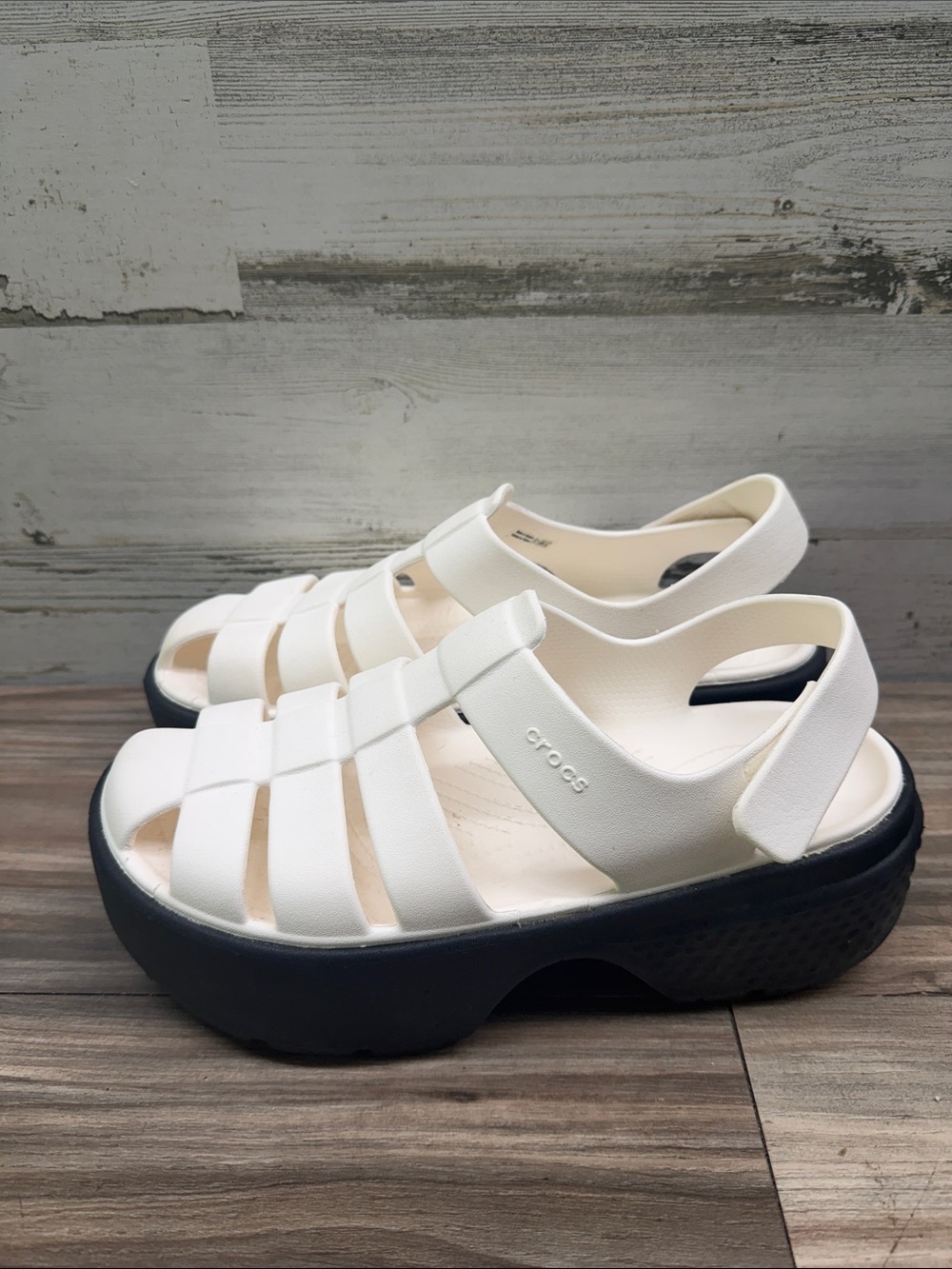 Crocs Stomp Fisherman Size M7 W9 Sandal White Black Platform Slide Sandal
